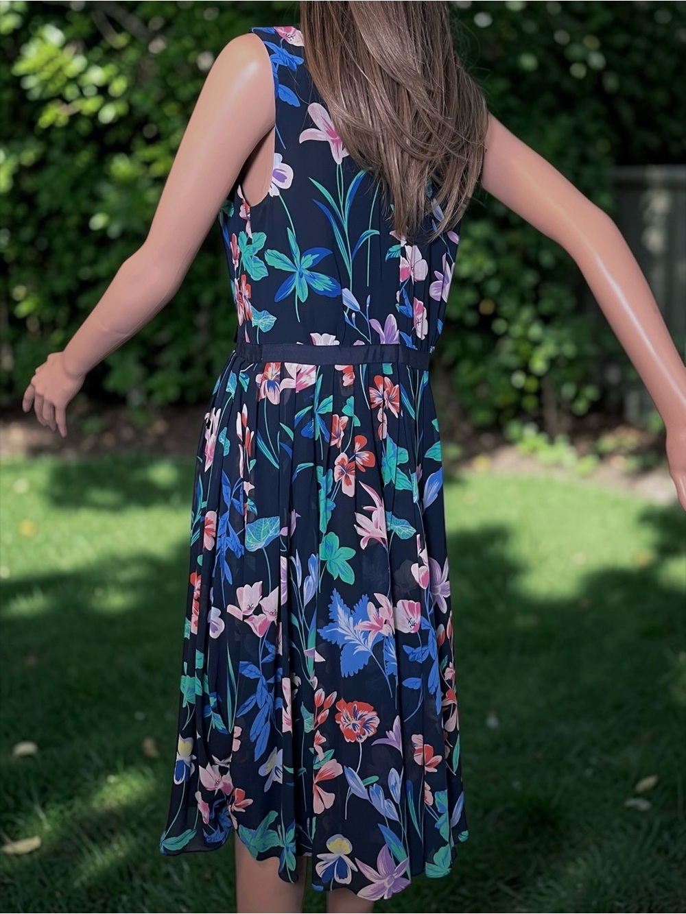 Talbots Navy Black Floral Midi Dress Size 6 Sleeveless Lined Sheer Overlay - Picture 3 of 6